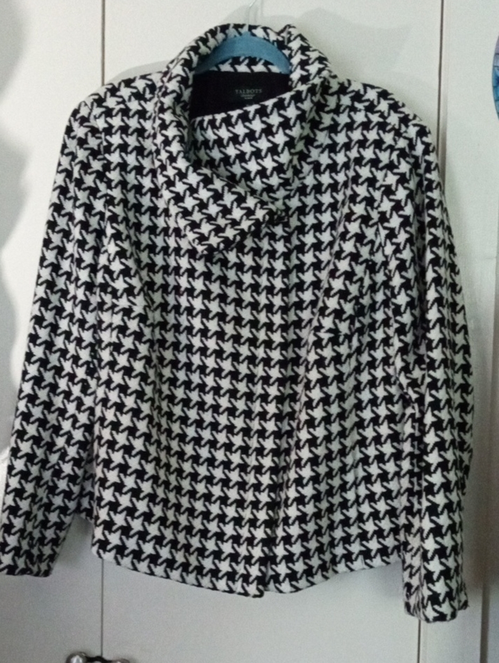 Talbots Black and White Houndstooth Wool Blend Peacoat with Cowl Collar 18W